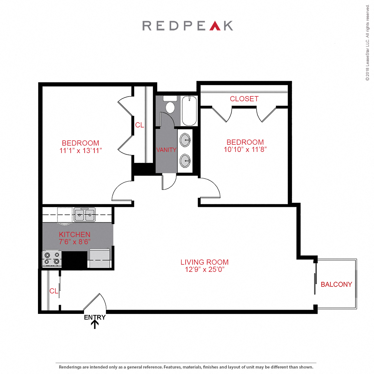 Floor plan for 2 beds, 1 bath, 900 sqft